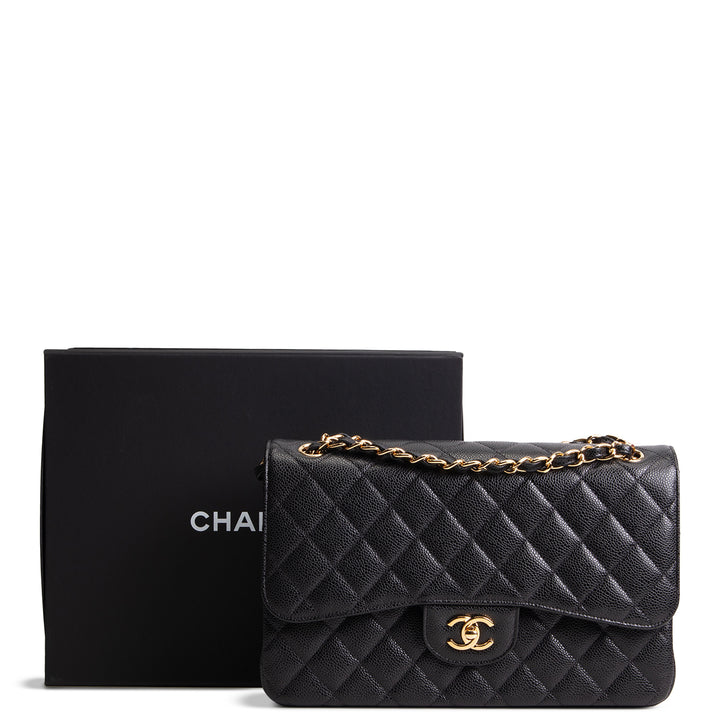 CHANEL Quilted Caviar Jumbo Double Flap Bag - Black