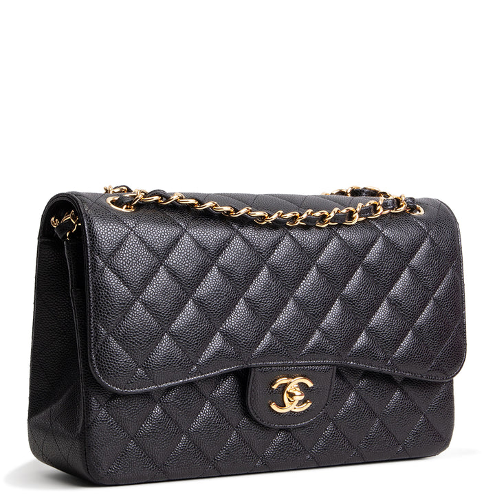 CHANEL Quilted Caviar Jumbo Double Flap Bag - Black