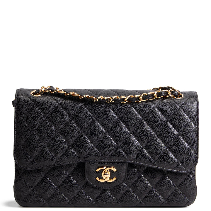 CHANEL Quilted Caviar Jumbo Double Flap Bag - Black