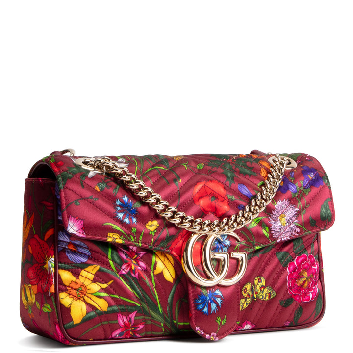 GUCCI Flora Silk Small GG Marmont Shoulder Bag - Burgundy