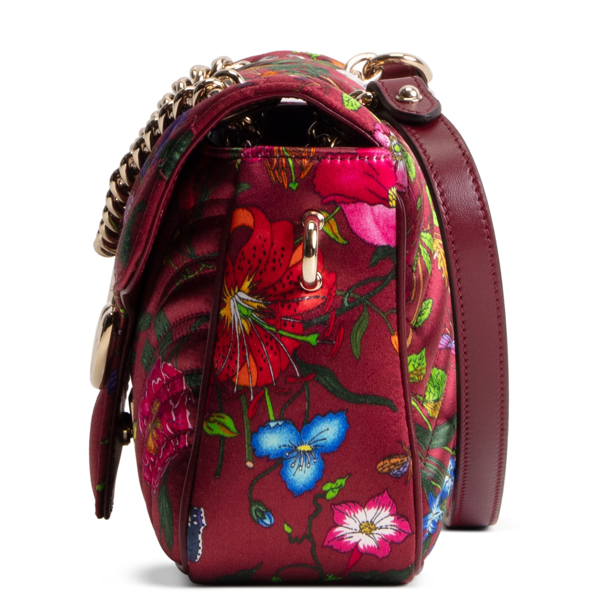 GUCCI Flora Silk Small GG Marmont Shoulder Bag - Burgundy