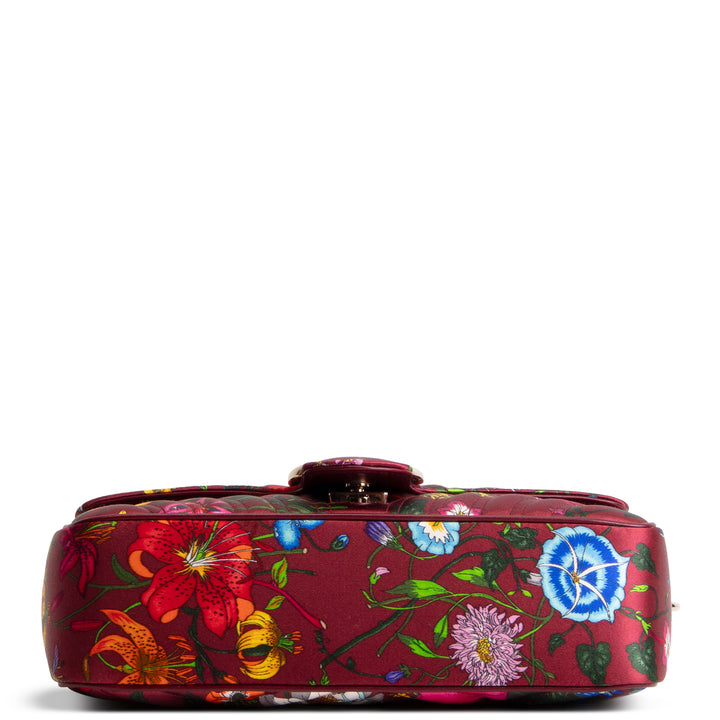GUCCI Flora Silk Small GG Marmont Shoulder Bag - Burgundy