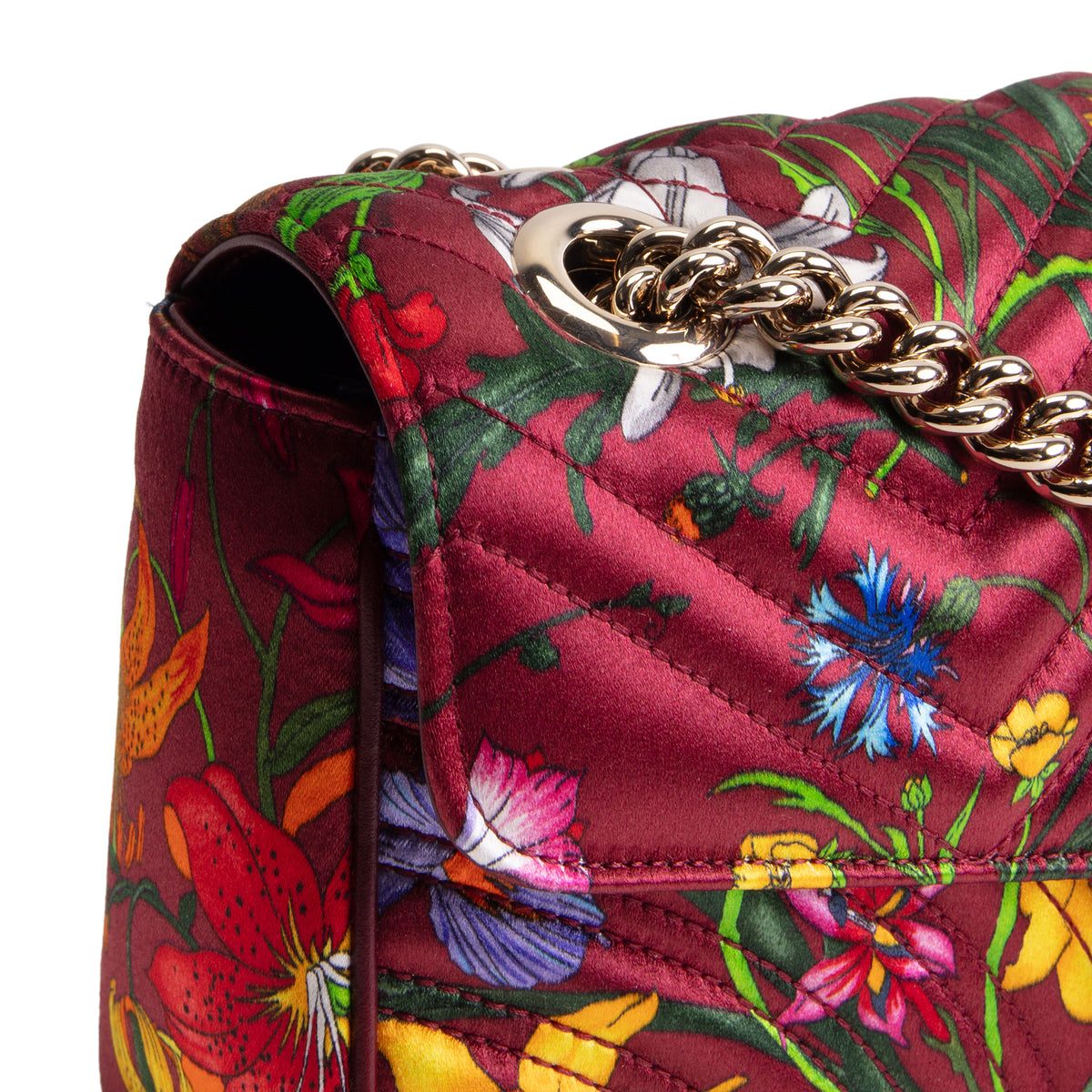 GUCCI Flora Silk Small GG Marmont Shoulder Bag - Burgundy