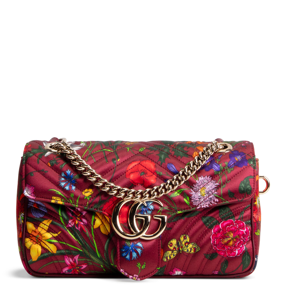 GUCCI Flora Silk Small GG Marmont Shoulder Bag - Burgundy
