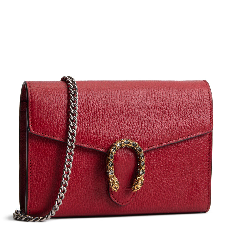 GUCCI Leather Crystal Dionysus Chain Wallet - Red