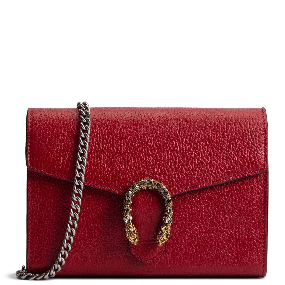GUCCI Leather Crystal Dionysus Chain Wallet - Red