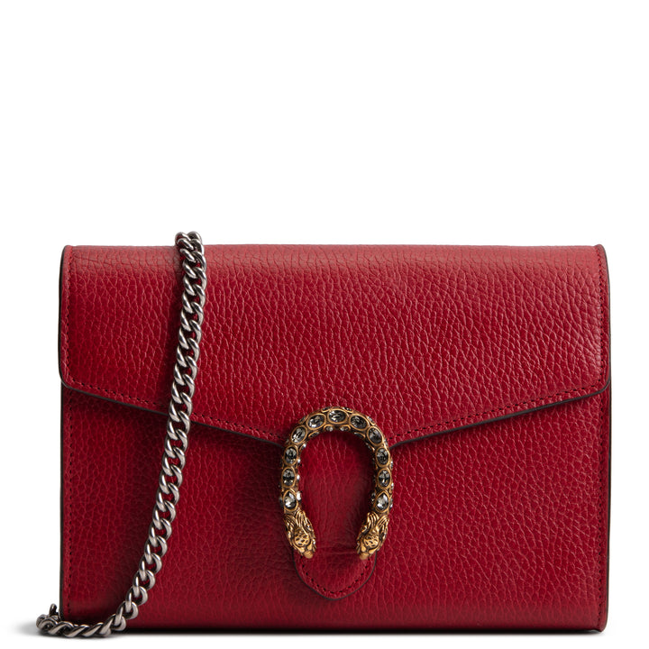 GUCCI Leather Crystal Dionysus Chain Wallet - Red