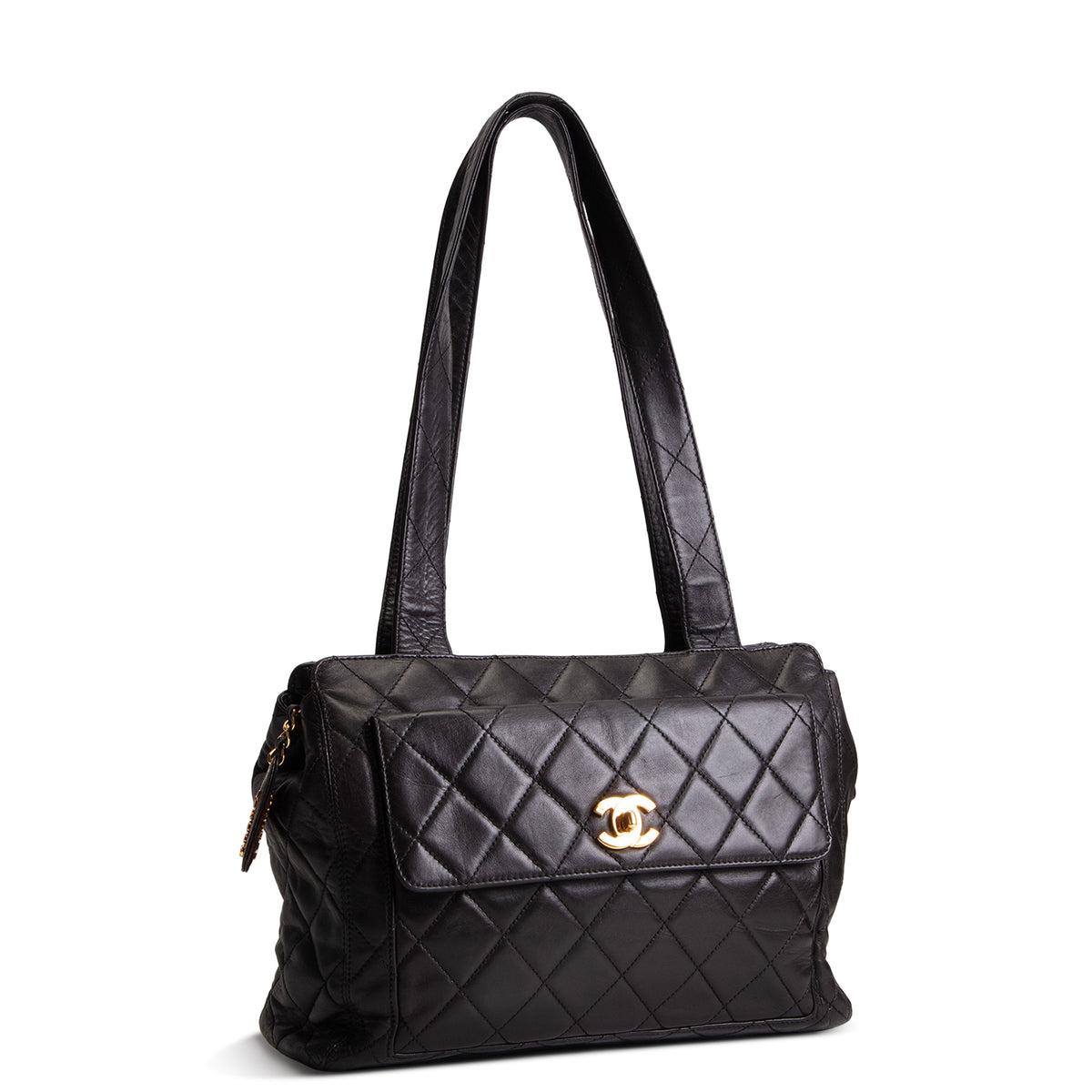 CHANEL Vintage Lambskin Quilted Front Pocket Tote - Black