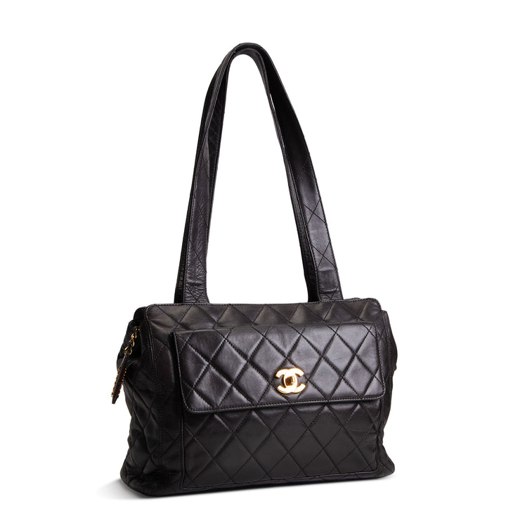 CHANEL Vintage Lambskin Quilted Front Pocket Tote - Black