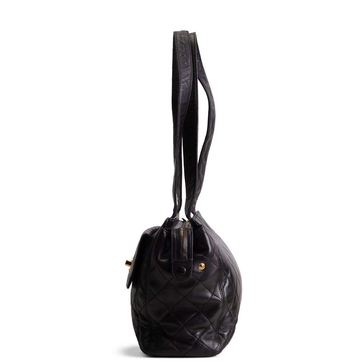 CHANEL Vintage Lambskin Quilted Front Pocket Tote - Black