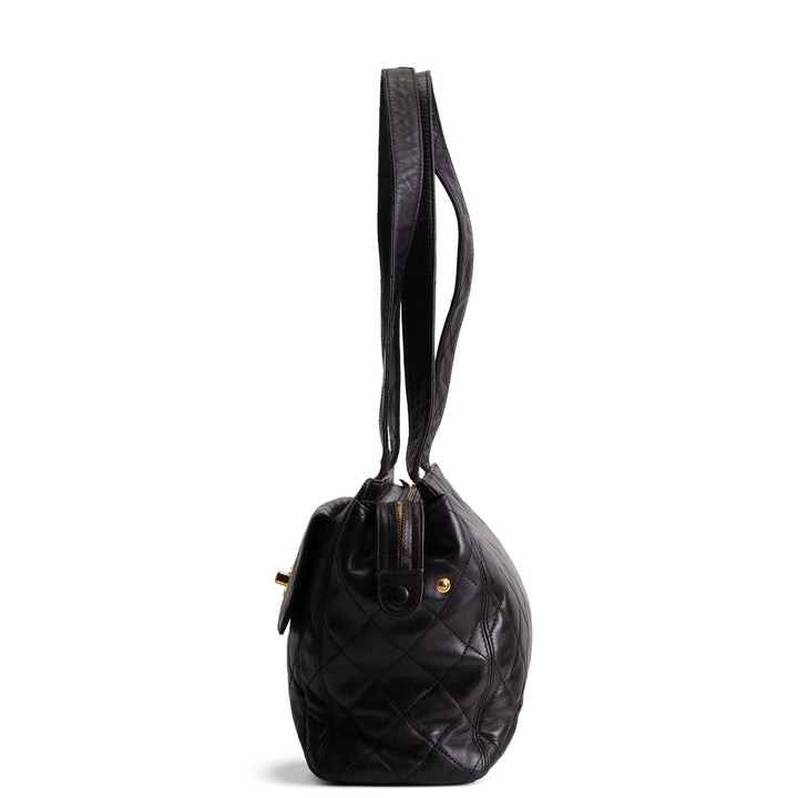 CHANEL Vintage Lambskin Quilted Front Pocket Tote - Black