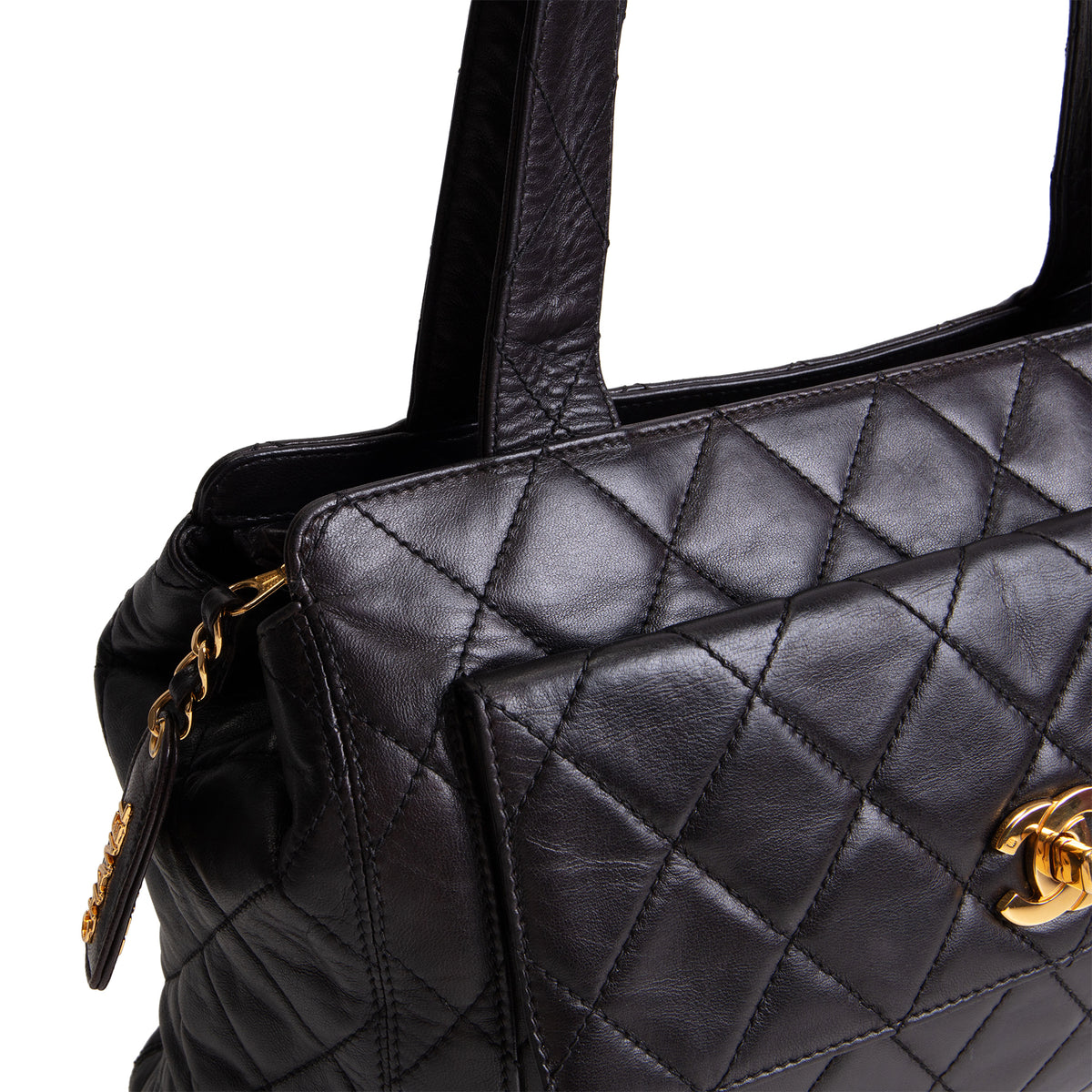 CHANEL Vintage Lambskin Quilted Front Pocket Tote - Black