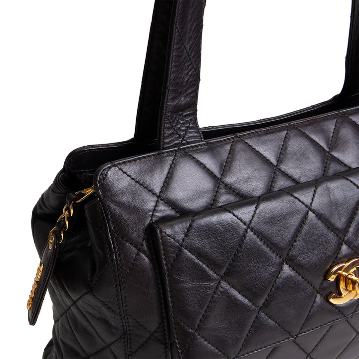 CHANEL Vintage Lambskin Quilted Front Pocket Tote - Black