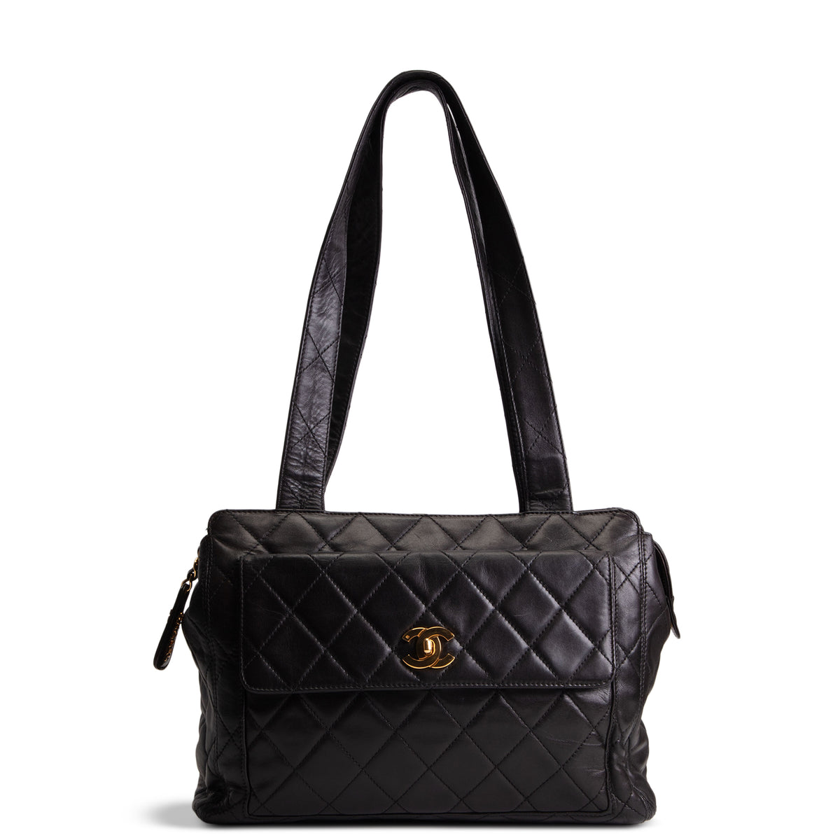 CHANEL Vintage Lambskin Quilted Front Pocket Tote - Black