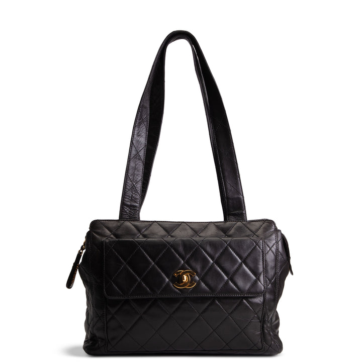 CHANEL Vintage Lambskin Quilted Front Pocket Tote - Black
