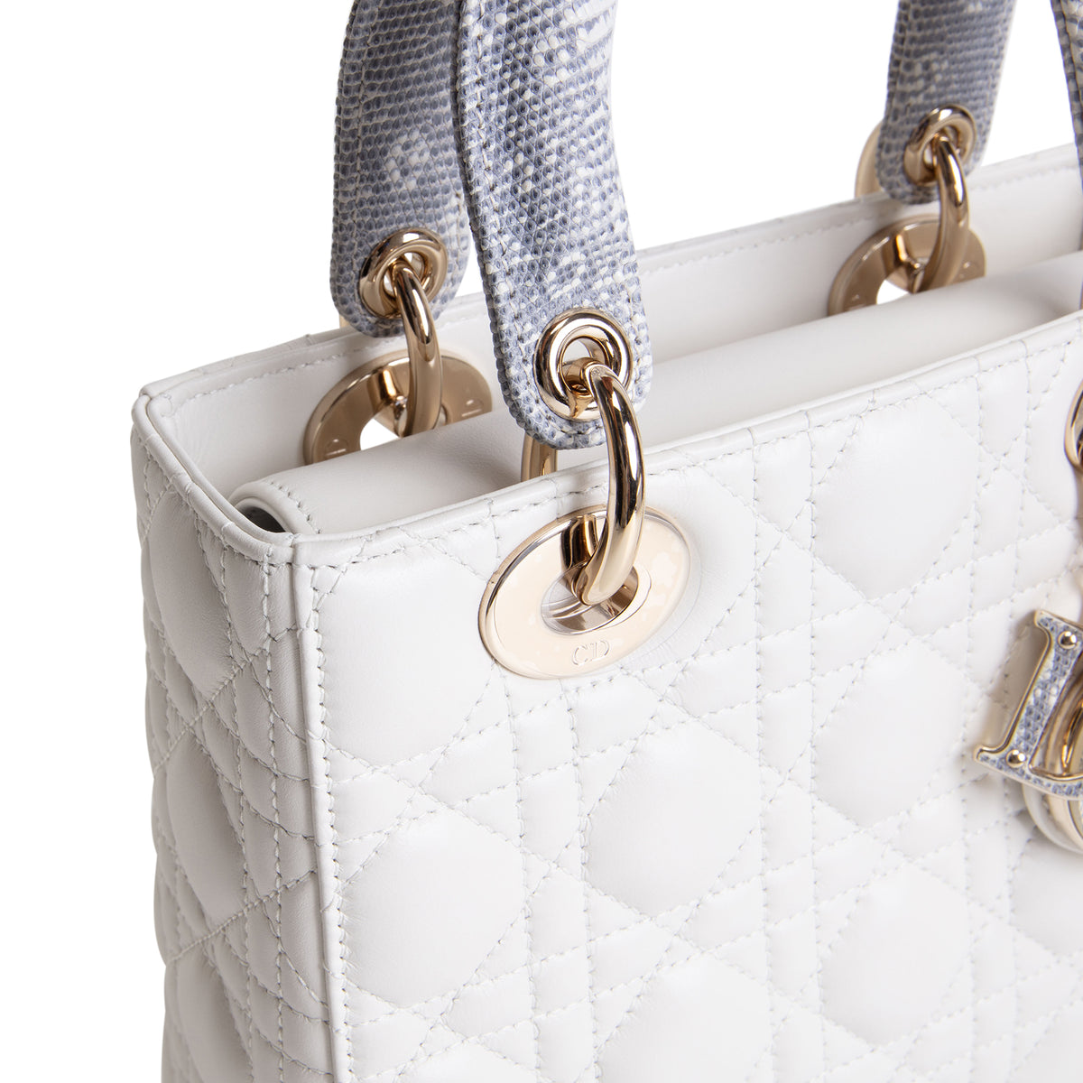 DIOR Lizard Handle Small Cannage Lady Dior - White