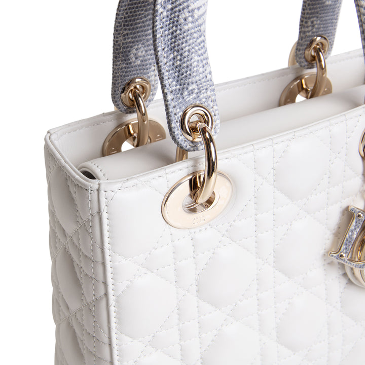 DIOR Lizard Handle Small Cannage Lady Dior - White