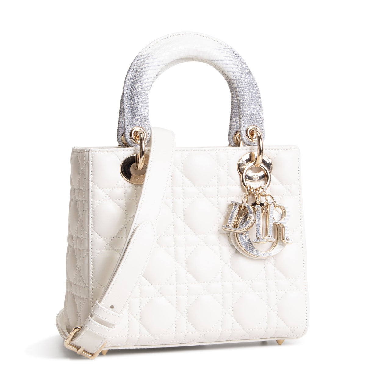 DIOR Lizard Handle Small Cannage Lady Dior - White
