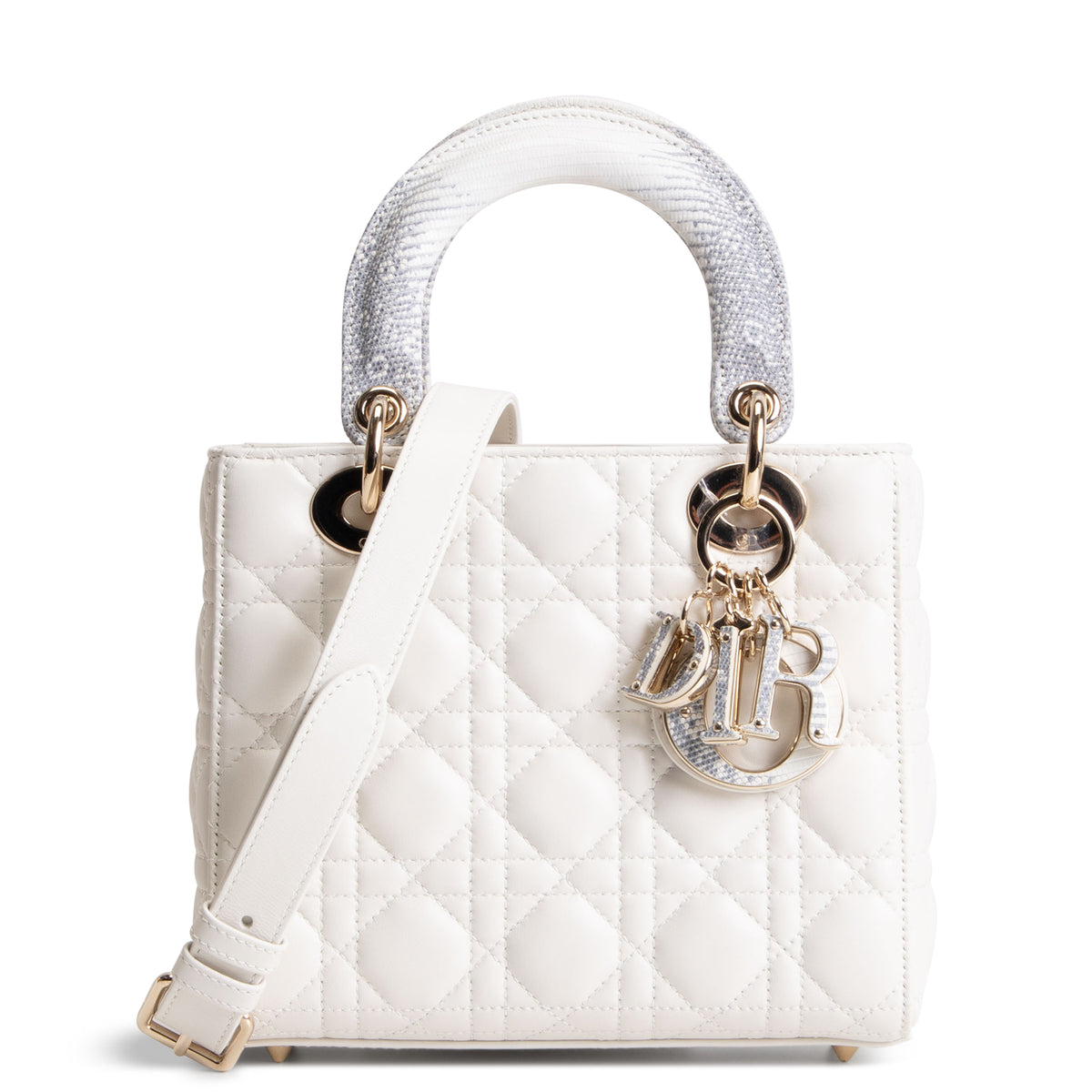 DIOR Lizard Handle Small Cannage Lady Dior - White