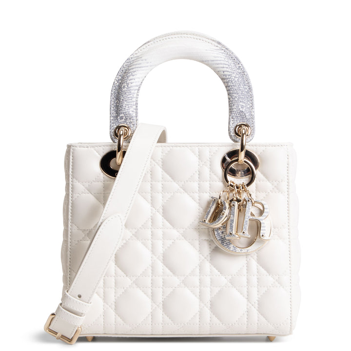 DIOR Lizard Handle Small Cannage Lady Dior - White