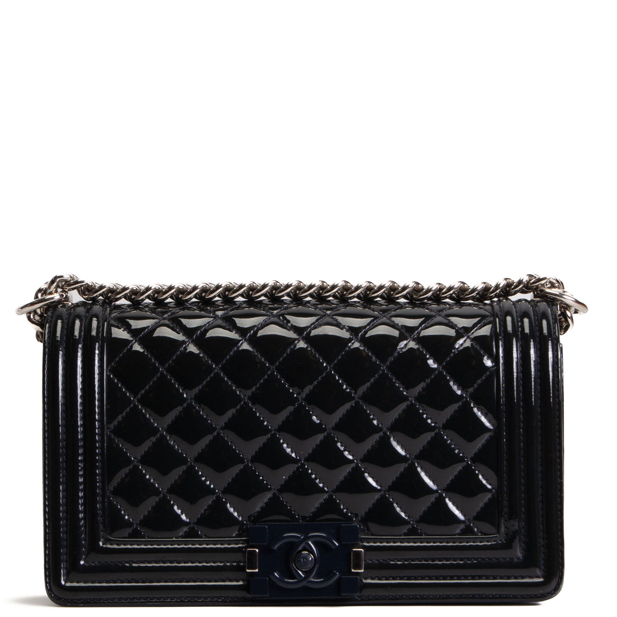CHANEL Medium Patent Plexiglass Boy Bag - Navy