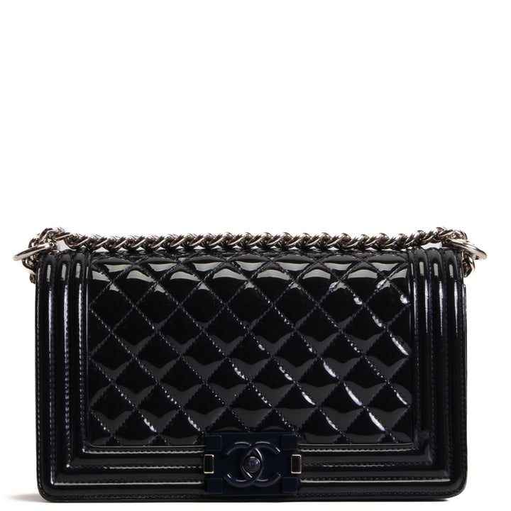 CHANEL Medium Patent Plexiglass Boy Bag - Navy