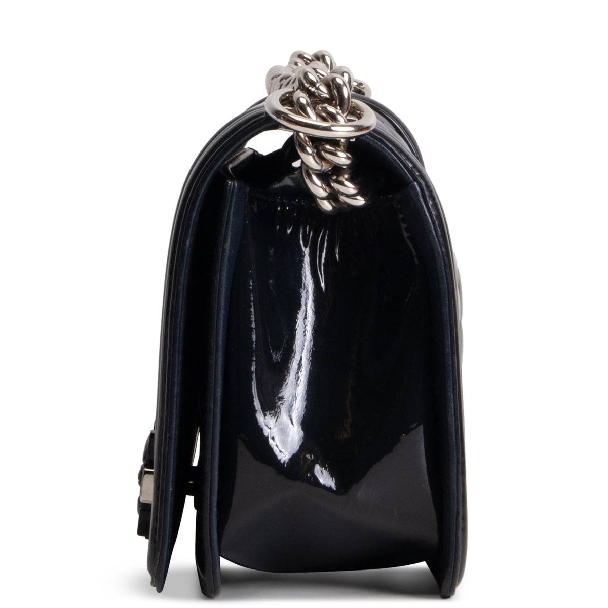 CHANEL Medium Patent Plexiglass Boy Bag - Navy