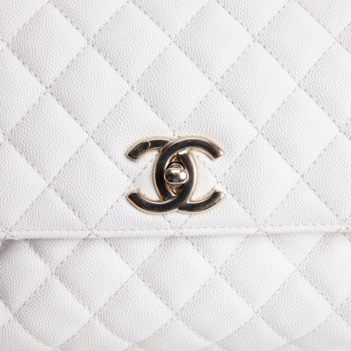 CHANEL Coco Top Handle Flap Quilted Caviar - White