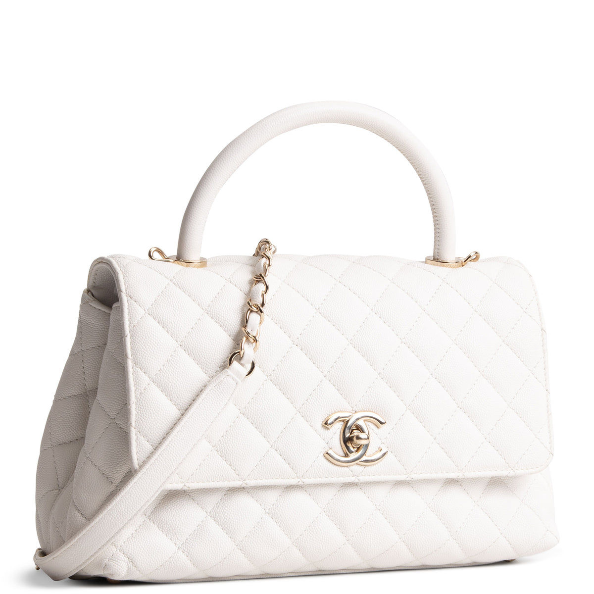 CHANEL Coco Top Handle Flap Quilted Caviar - White