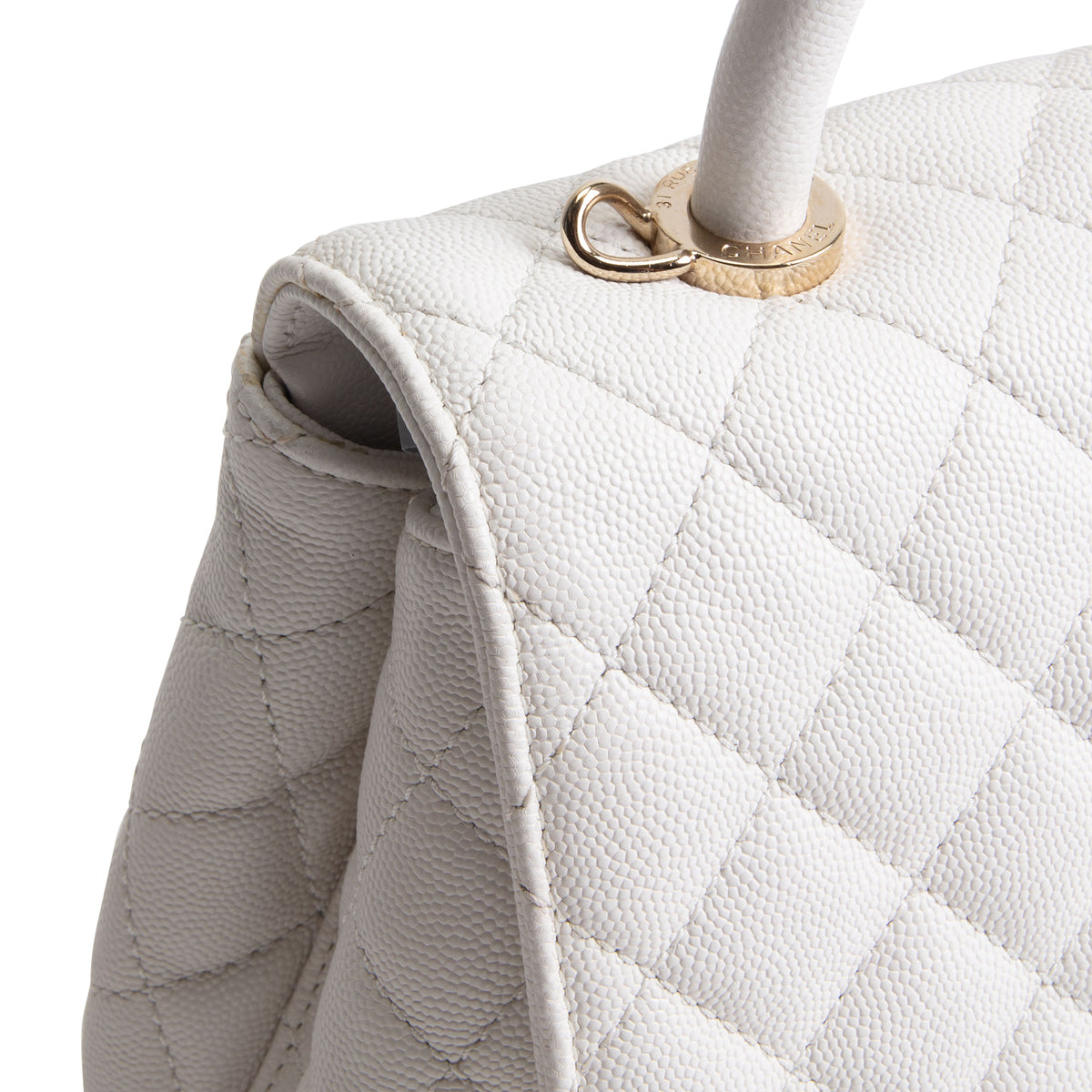 CHANEL Coco Top Handle Flap Quilted Caviar - White