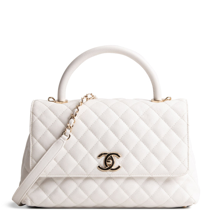 CHANEL Coco Top Handle Flap Quilted Caviar - White