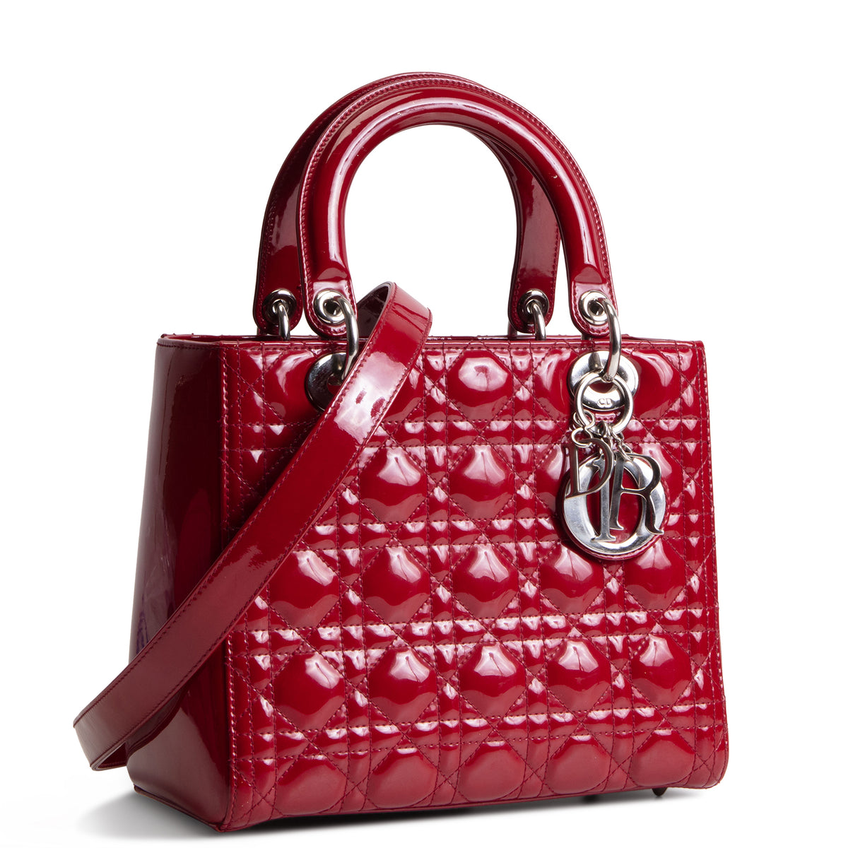 DIOR Lady Dior Medium Patent Quilted Cannage - Red