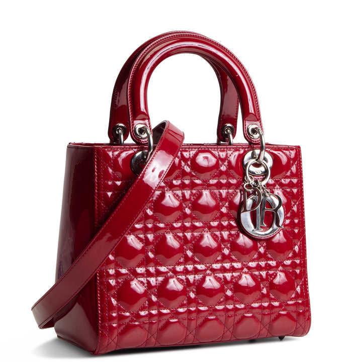 DIOR Lady Dior Medium Patent Quilted Cannage - Red