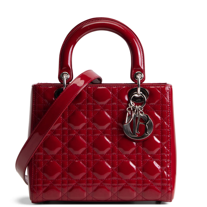 DIOR Lady Dior Medium Patent Quilted Cannage - Red