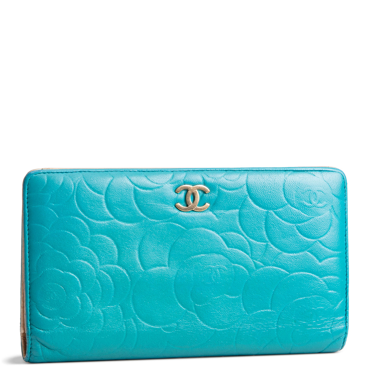 CHANEL Camellia Embossed Continental Bifold Wallet - Teal
