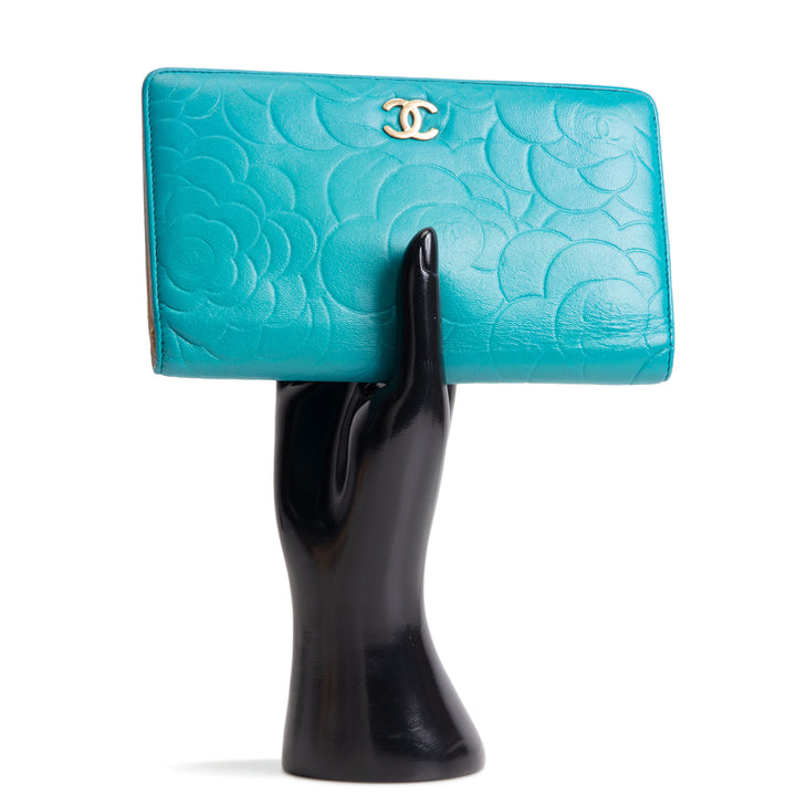 CHANEL Camellia Embossed Continental Bifold Wallet - Teal