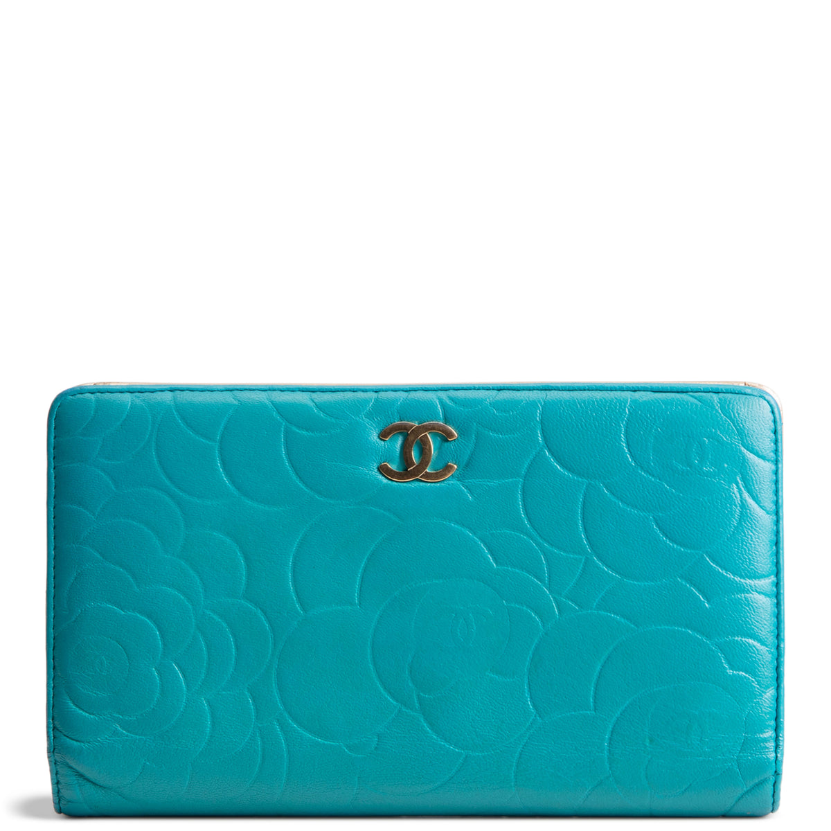 CHANEL Camellia Embossed Continental Bifold Wallet - Teal