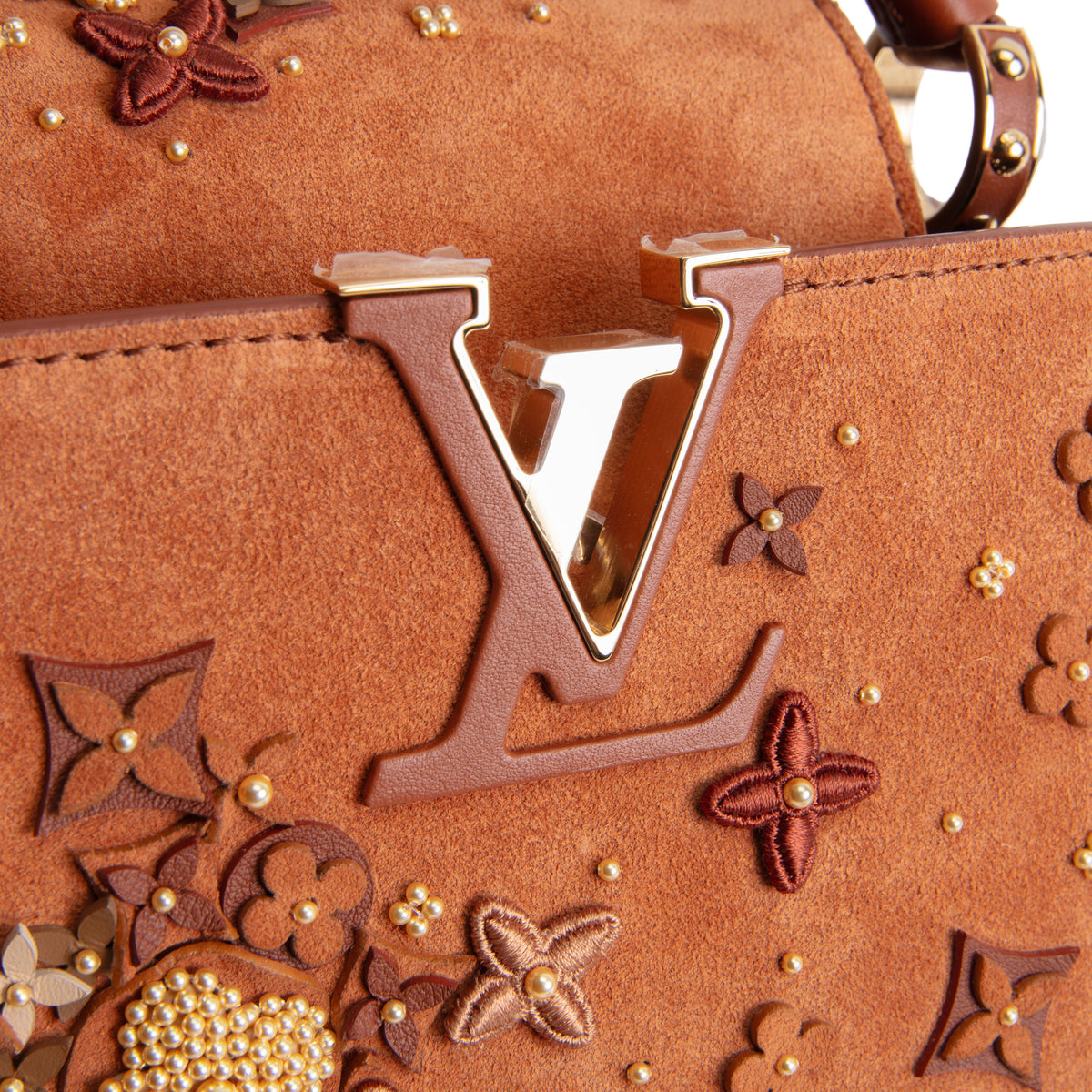 LOUIS VUITTON Suede Floral Embellished Capucines Mini