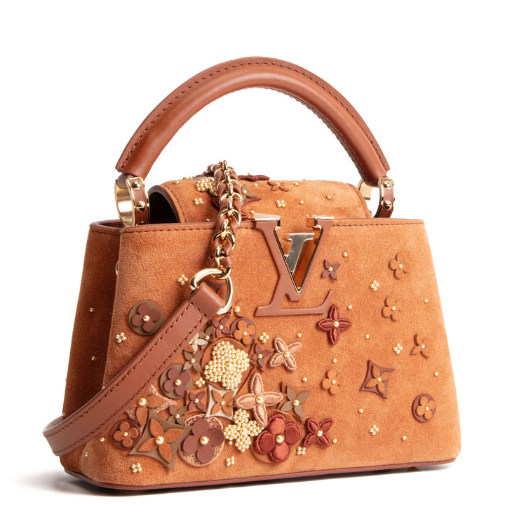 LOUIS VUITTON Suede Floral Embellished Capucines Mini