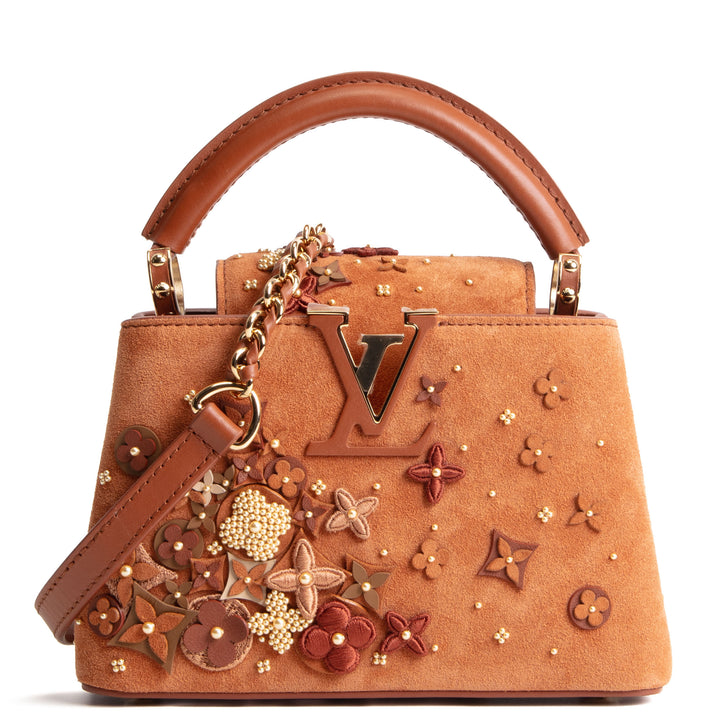LOUIS VUITTON Suede Floral Embellished Capucines Mini