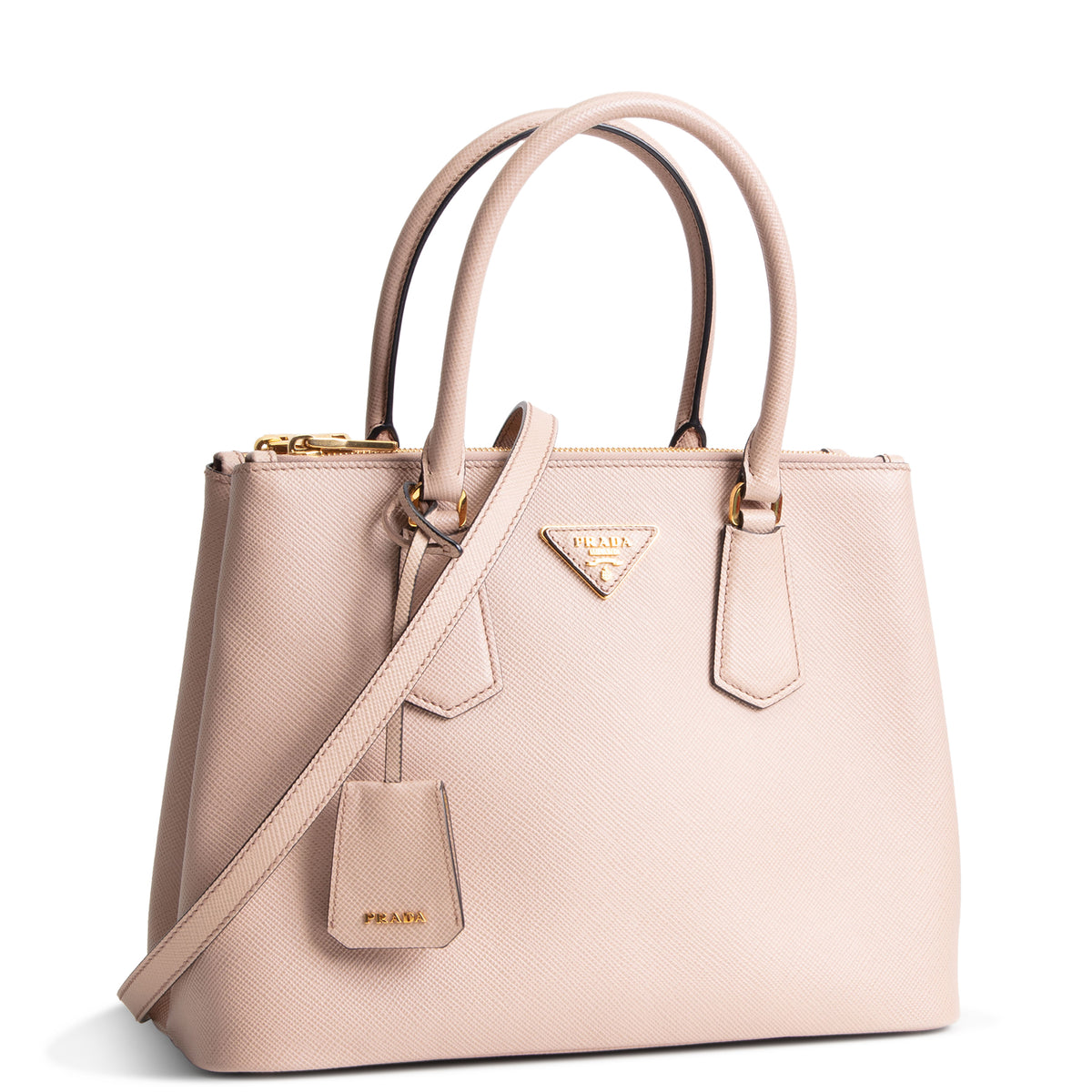 PRADA Saffiano Lux Double Zip Tote - Nude