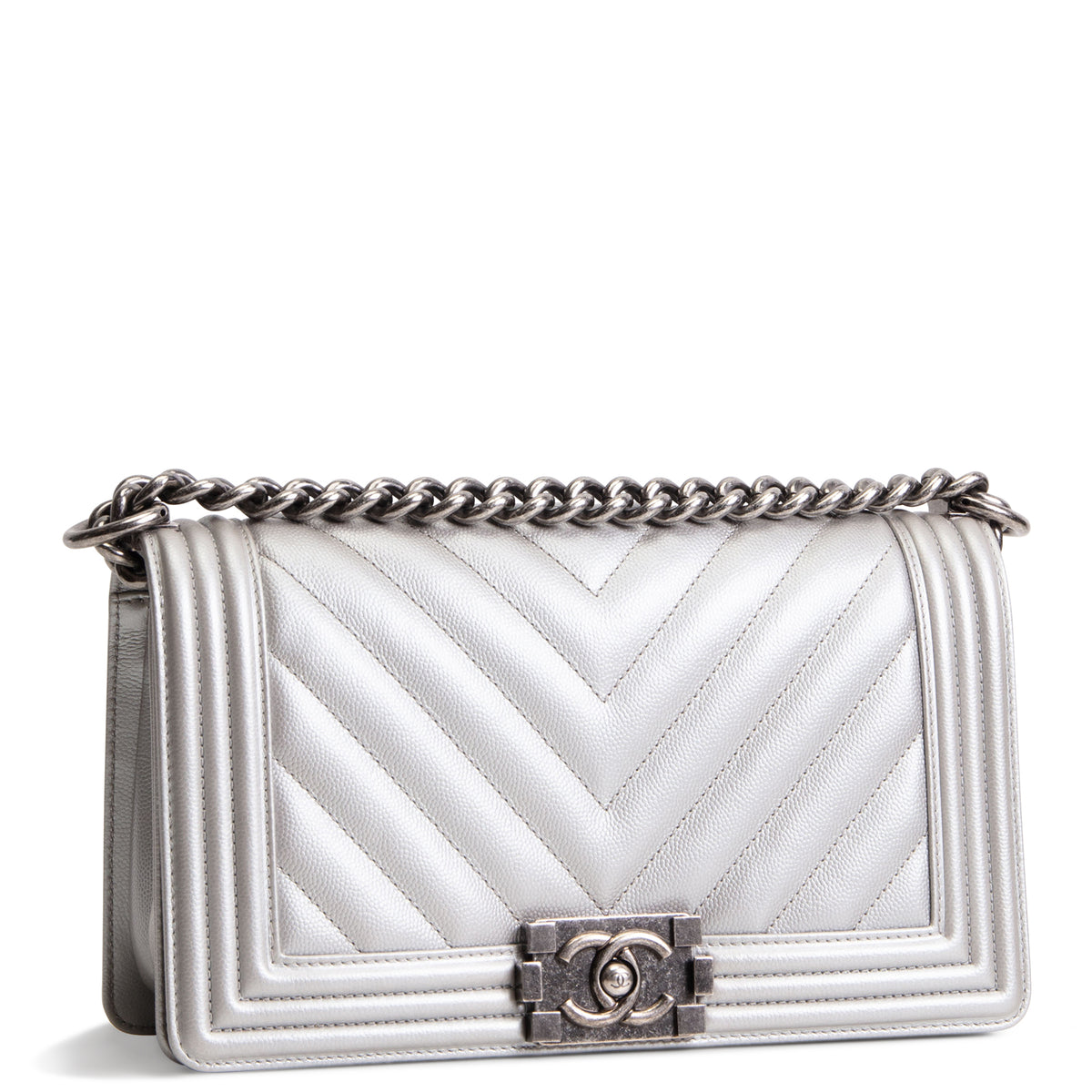 CHANEL Caviar Quilted Chevron Medium Boy Bag - Metallic Silver
