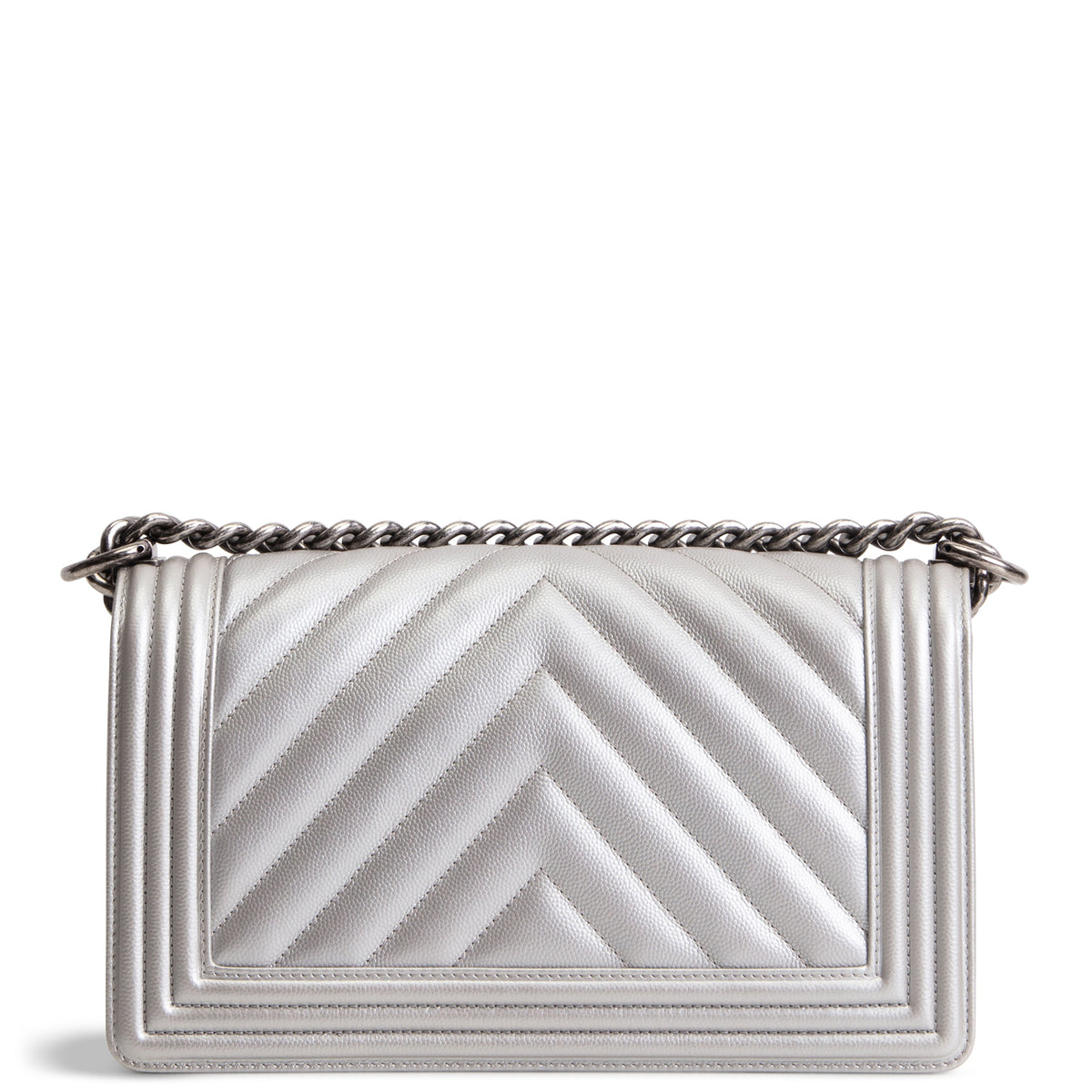 CHANEL Caviar Quilted Chevron Medium Boy Bag - Metallic Silver