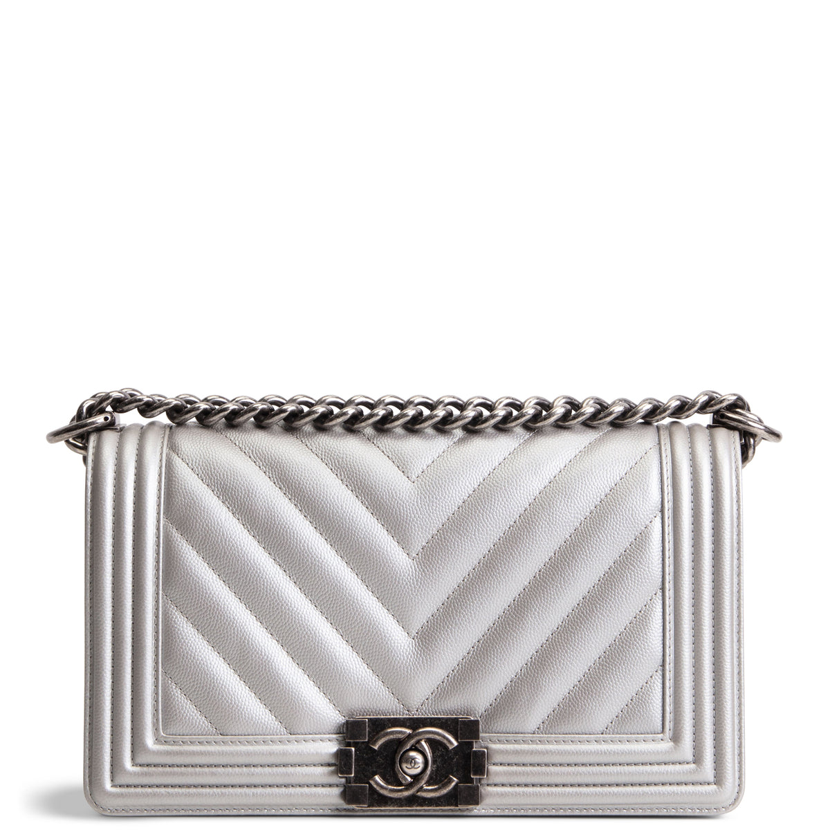 CHANEL Caviar Quilted Chevron Medium Boy Bag - Metallic Silver
