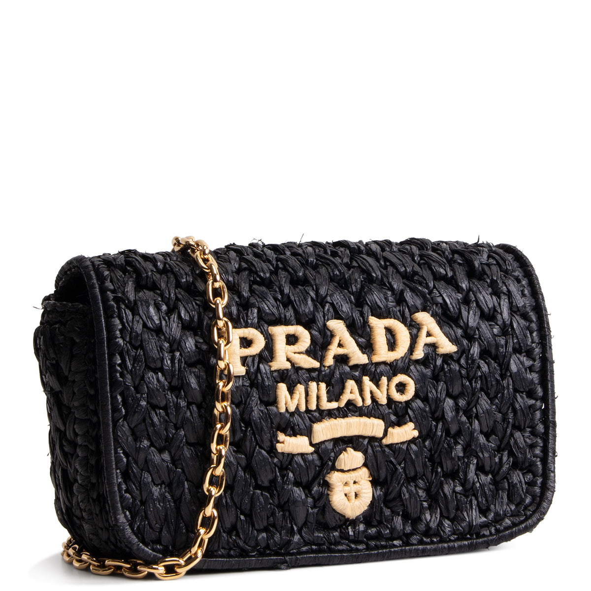 PRADA Logo Chain Flap Raffia Shoulder Bag