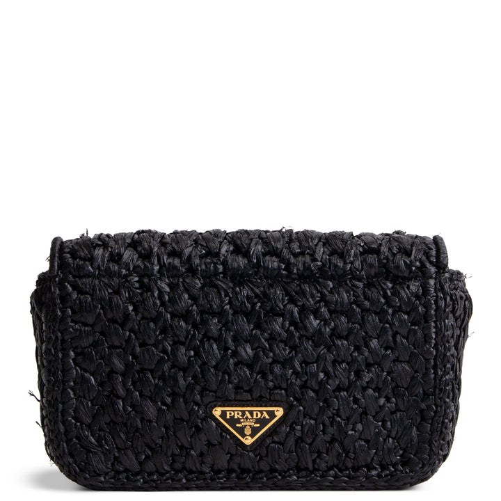 PRADA Logo Chain Flap Raffia Shoulder Bag