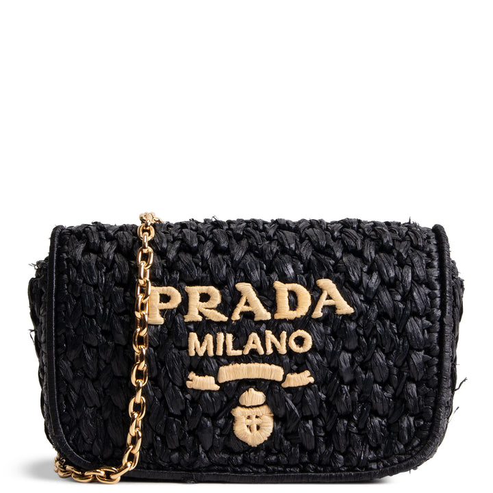 PRADA Logo Chain Flap Raffia Shoulder Bag
