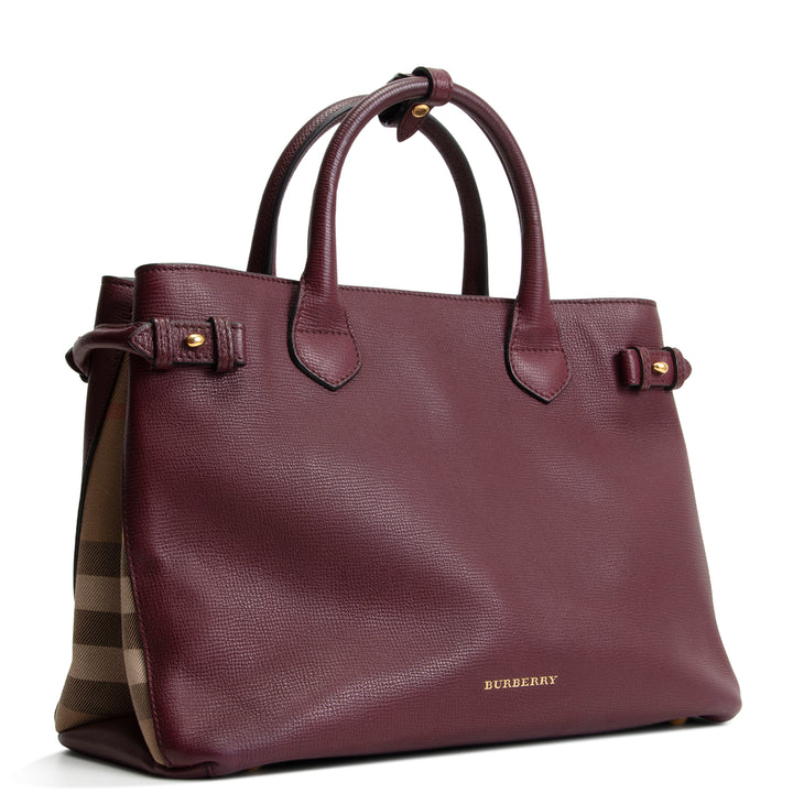 BURBERRY Leather Banner Medium Tote - Burgundy