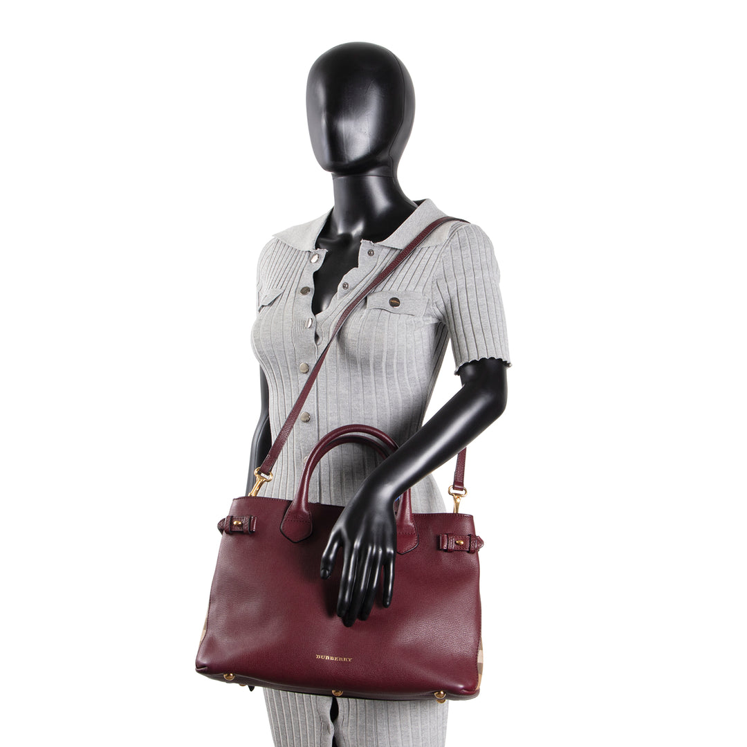 BURBERRY Leather Banner Medium Tote - Burgundy
