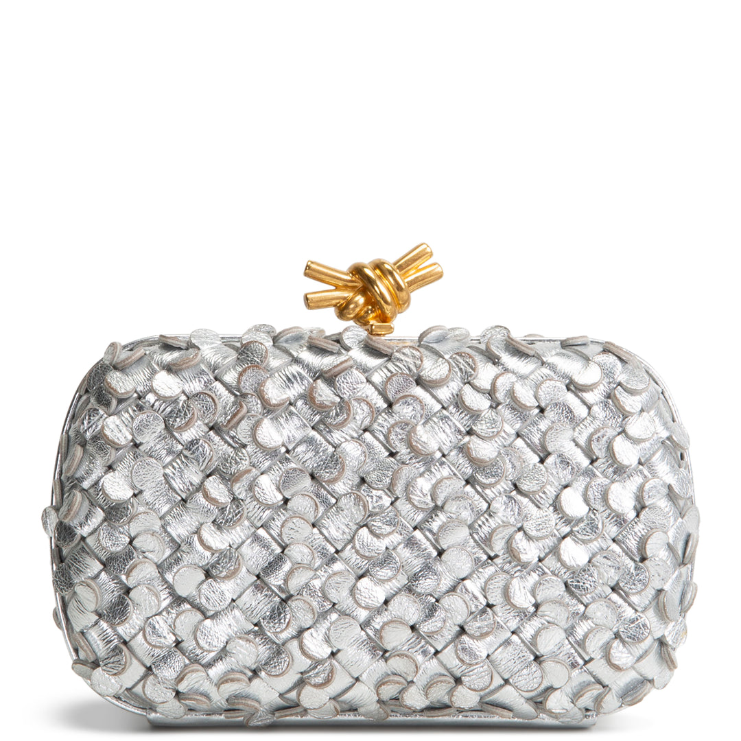 BOTTEGA VENETA Intrecciato Confetti Knot Clutch - Metallic Silver